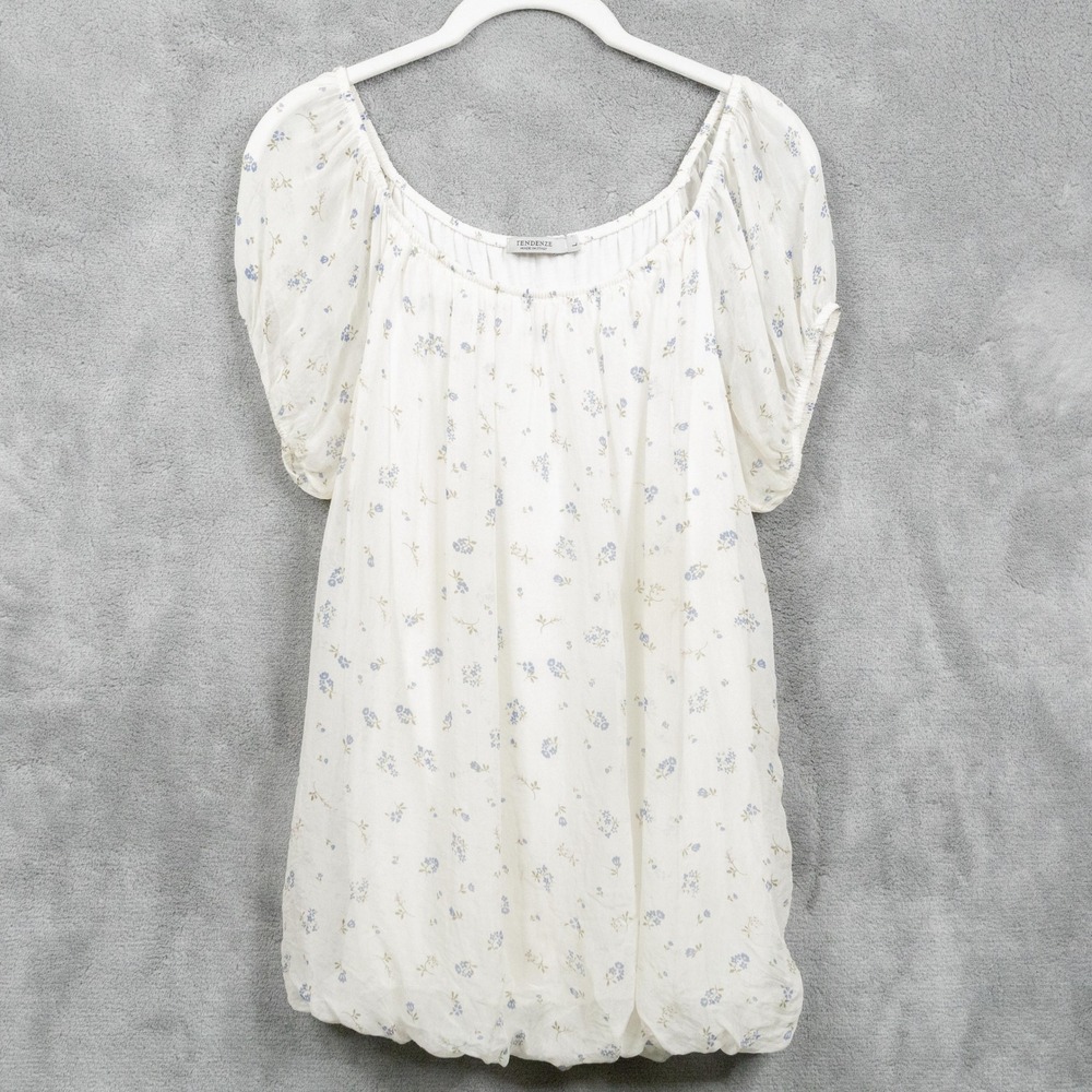 TENDENZE 100% Silk Blouse L White Floral Cottage Romantic Peasant Italy Sz L